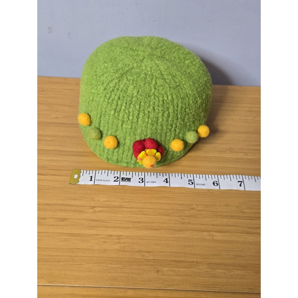 Vintage Lime Green Felted Wool  Decorated With Green & Yellow Pom Poms For Child